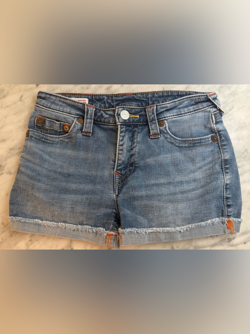 True Religion Jennie Mid Rise Rolled Denim Shorts OM Contouring Size 29” x NWOT